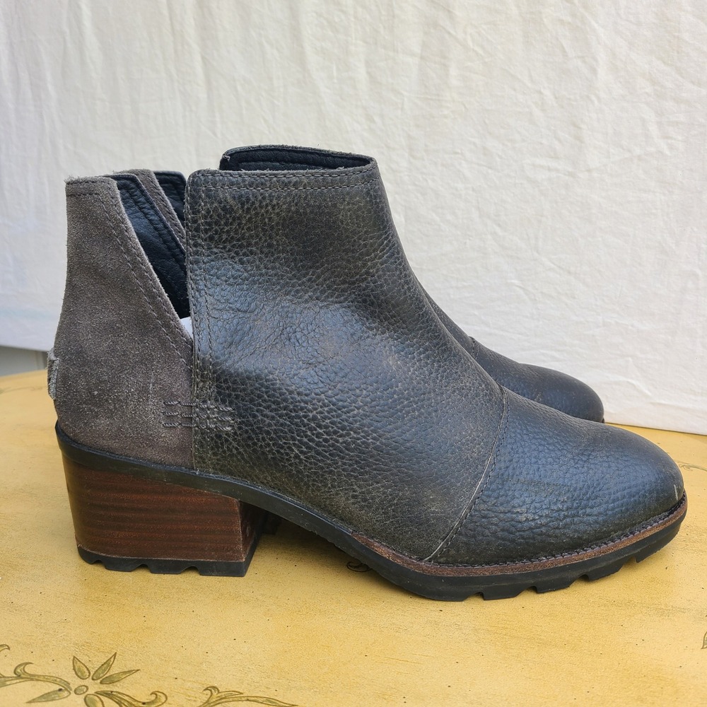 Sorel US 8.5 Dark Gray Leather Pull On Block Heel Ankle Boots Minimalist Casual